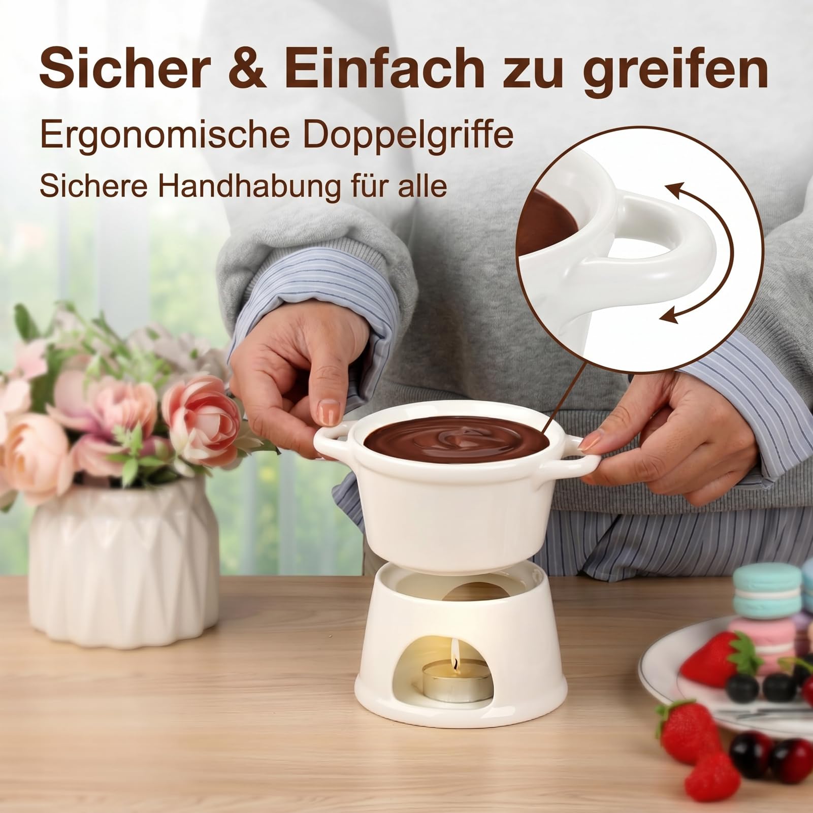 Schokofondue mit Doppelgriff, Schokofondue Tasse mit Gabeln, Keramik Fondue Tasse, Schokoladenfondue für Schokolade, Käse - Wichtelgeschenke