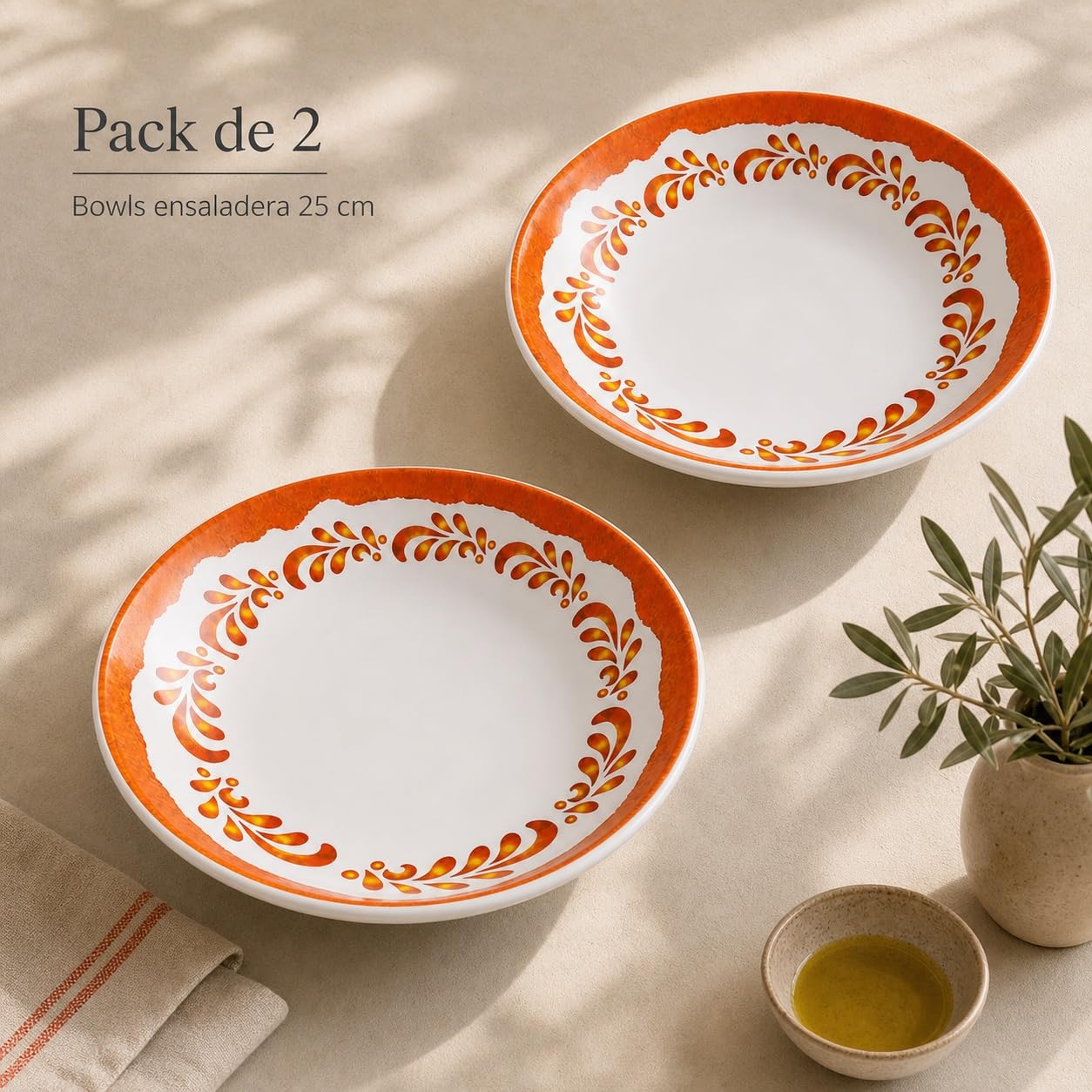 Bowl ensaladera de melamina pack de 2, cuencos ligeros 25 x 25 x 5 cm para ensaladas, aperitivos y mesa diaria