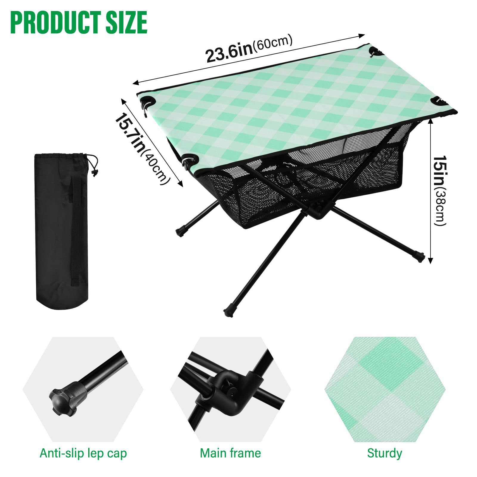 Table de plage pliante carrée blanche verdâtre avec sac de transport pour la plage, la pêche, le camping