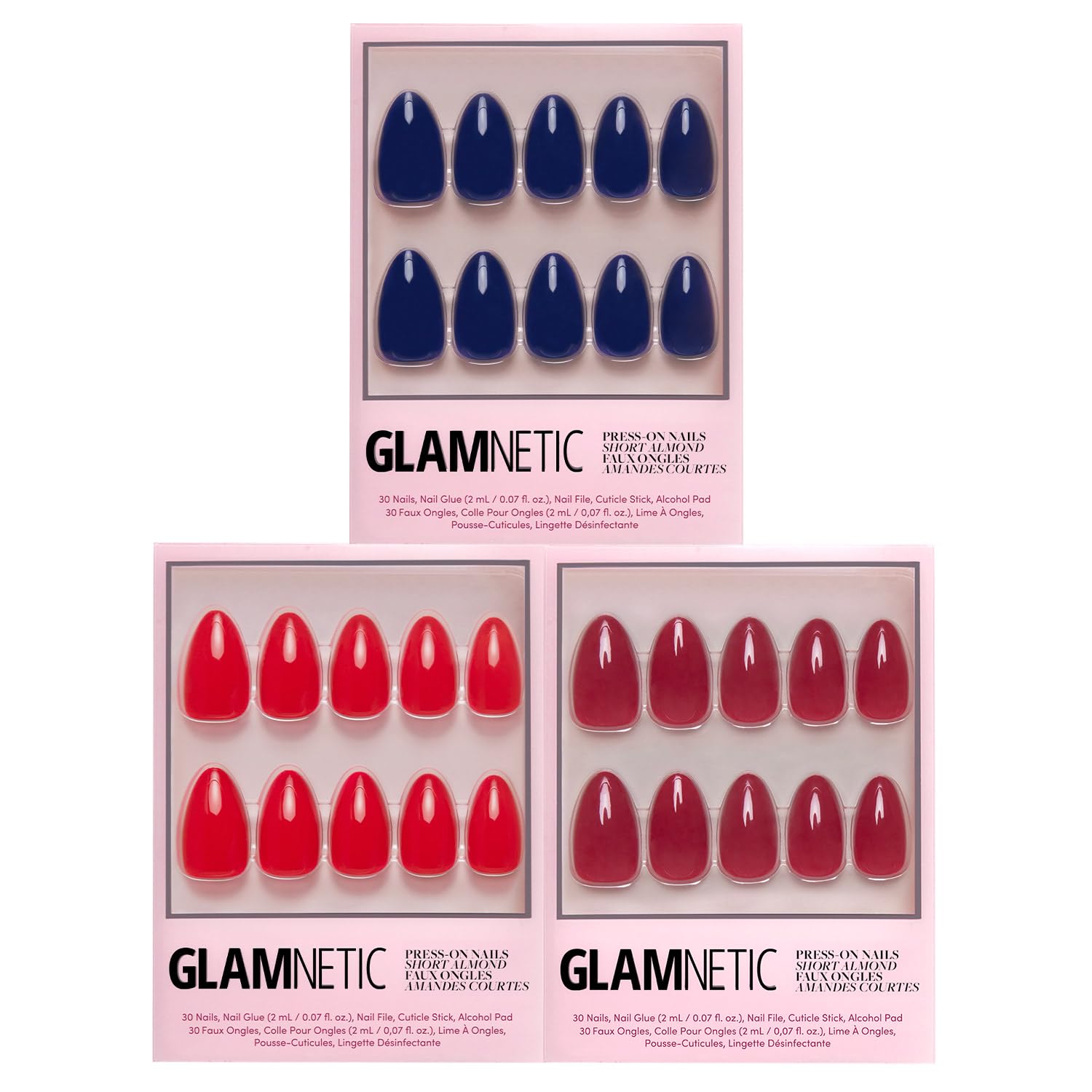 Glamnetic Press-On Nails Bundle - Fiery & Classic Red, Midnight Blue | Bright Fake Nails | Cool Toned Timeless Red False Nails | Dark Navy Blue Nails | Three sets of short almond opaque nails