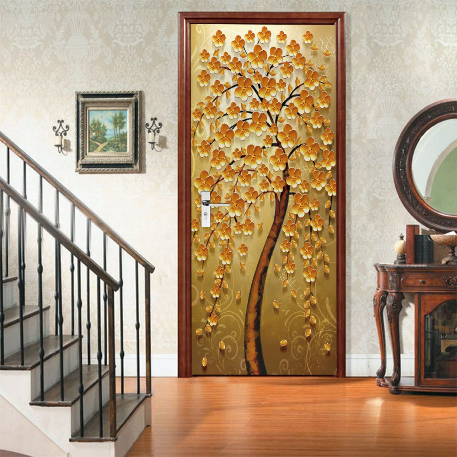 Adesivi per Porte Interne Alberi Verdi Della Foresta - PVC Autoadesivi Rimovibili per Casa, Bagno, Arredamento - 77x200cm