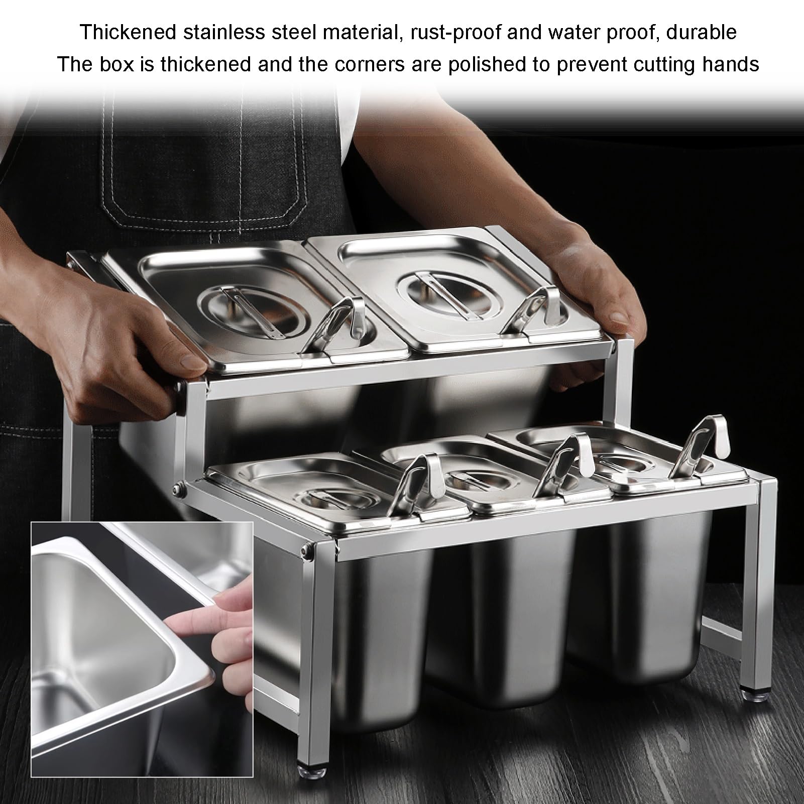 Estante para especias comercial, condimentos inclinados de acero inoxidable de doble capa, salsa de especias contenedor de ingredientes de mermelada de ensalada para cocina bar restaurantes