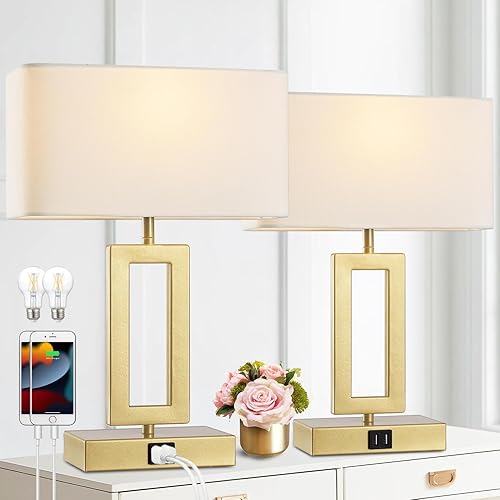 Gold Table Lamps Set of 2 with Dual USB Ports,3-Way Dimmable Touch Control Bedside Lamps,Modern Bedroom Table Lamp for Living Room,Nightstand LED