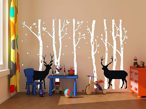 Miniatura 4 de Calcomanía de pared de abedul, ciervo, bosque, removible, abedules, vinilo para decoración de dormitorio de niños, habitación del bebé, dormitorio