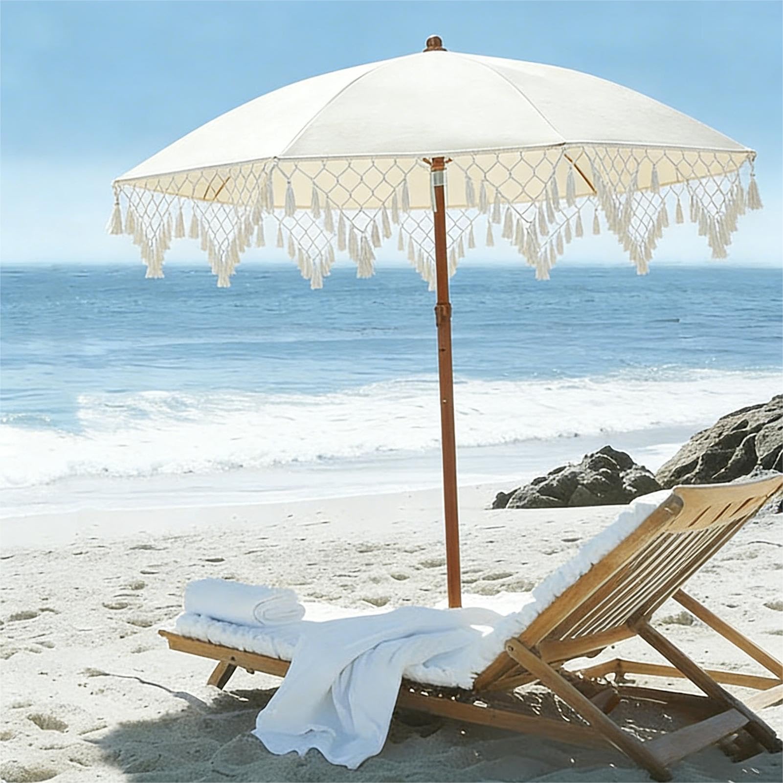 180cm Uchylny Parasol Plażowy Boho z Frędzlami, Parasol Ogrodowy z 8 żEber Ochrona Przed, na Patio, Taras, Basen