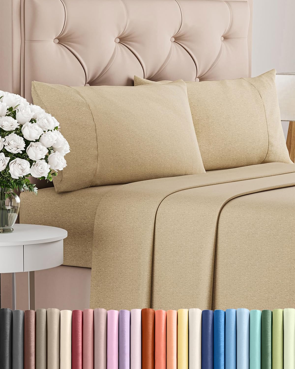 cal king size 4 piece sheet set - comfy breathable & cooling sheets - hotel luxury bed sheets for women & men - deep pockets, easy-fit, soft & wrinkle free sheets - heathered tan oeko-tex bed sheets