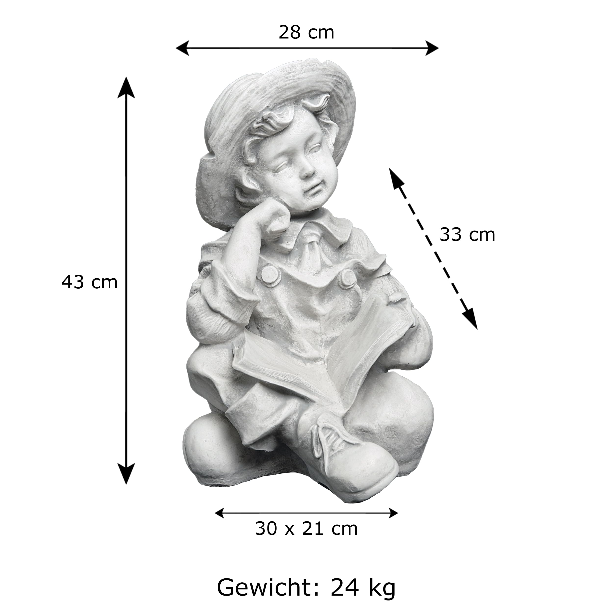 gartendekoparadies.de Jungen Figur mit einem Buch, Steinfigur H. 43 cm, 24 kg, Grau, frostsicher aus Steinguss für Außenbereich