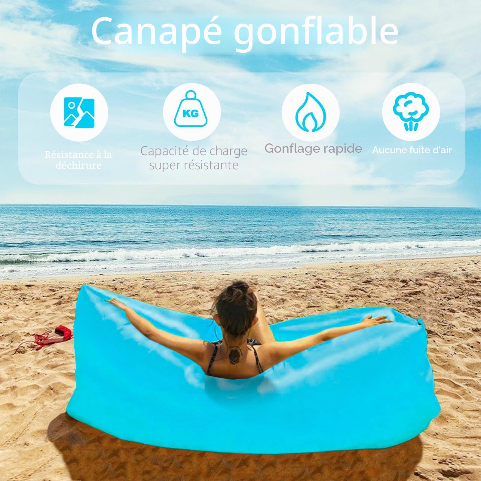 Canapé gonflable de plage, chaise longue gonflable, pliable, anti-fuite d'air, avec sac gonflable pour voyages, camping, festivals de musique 200 x 70 cm