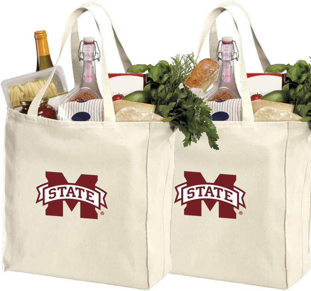 Broad Bay Reusable Mississippi State University Shopping Bags or MSU Bulldogs Grocery Bag 2Pc SET NATURAL COTTON