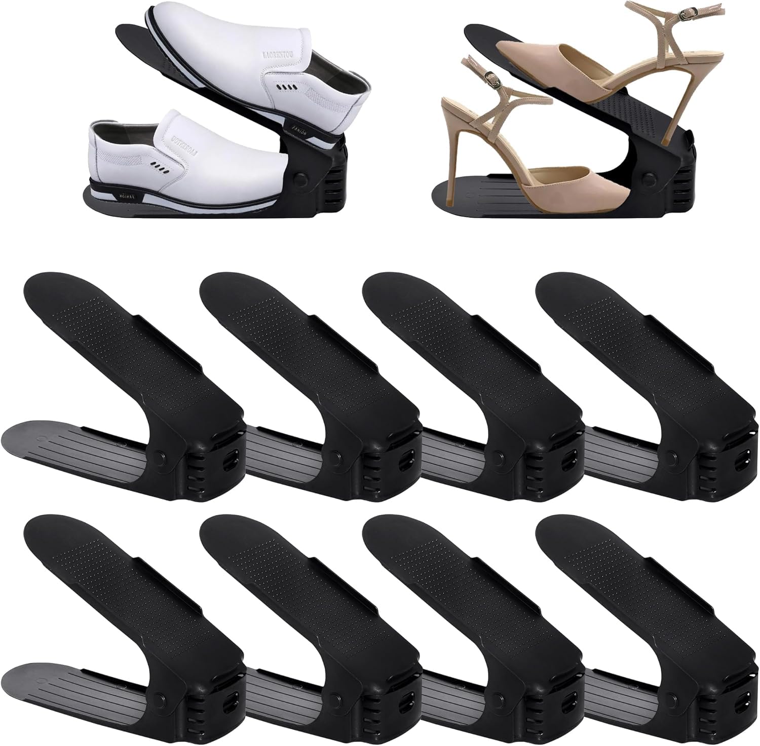 YEATHOR Pack of 10 Shoe Slots Shoe Rack PP Shoe Storage Organiser with Non-Slip Surface Height Adjustable Space Saving Double Layer Shoe Stacker Shoe Holder for Closet Wardrobe Entryway, Black