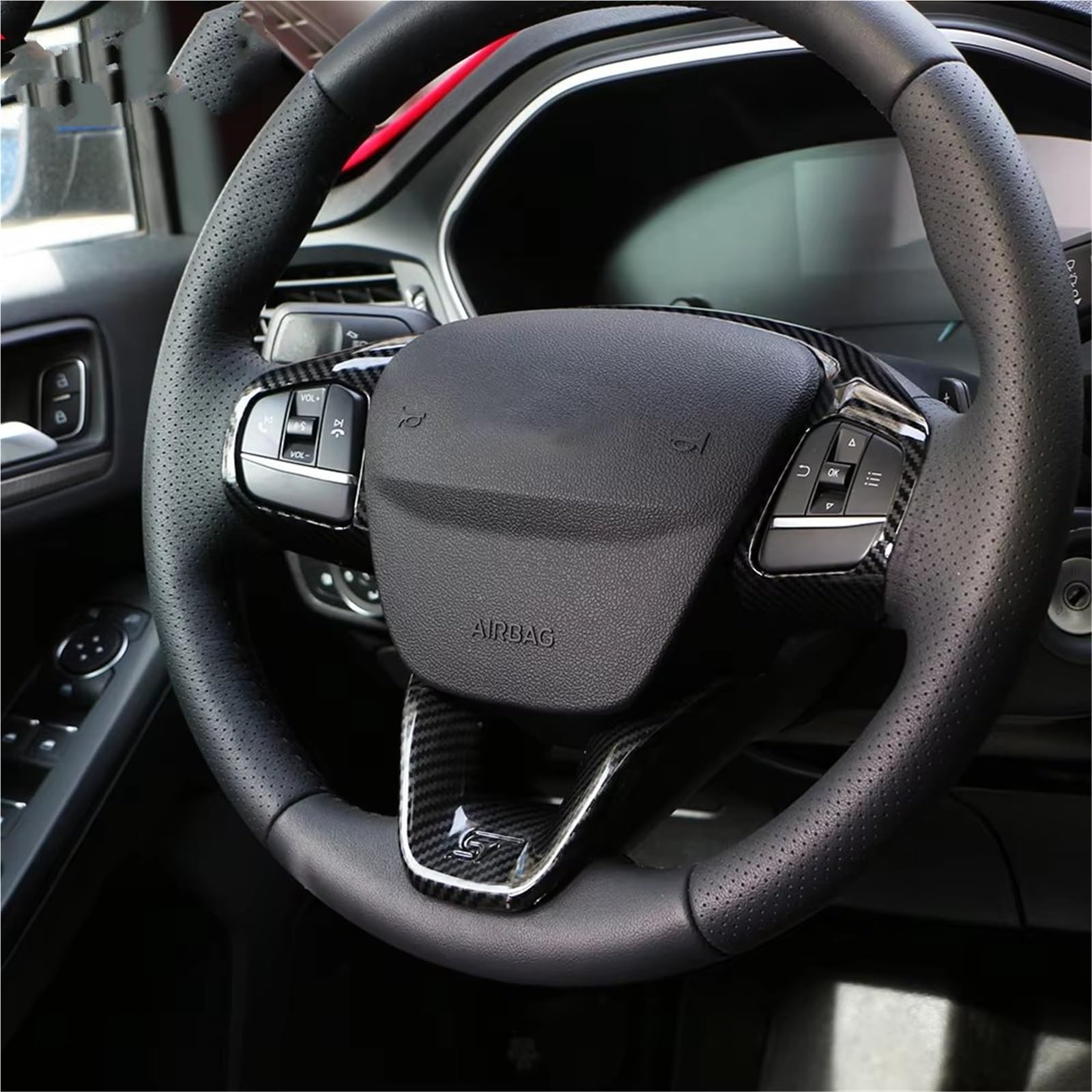 D'autocollant Intérieurs Pour Ford Pour Fiesta MK8 2017 2018 2019 2020 2021 Accessoires ABS Fibre Carbone Garniture Volant Voiture Bouton Commande Couvercle Cadre Accessoires Intérieurs