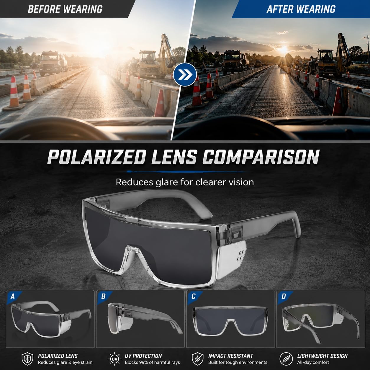 Polarisierte Sicherheits-Sonnenbrille, UV400-Schutz, ANSI Z87.1 zertifiziert