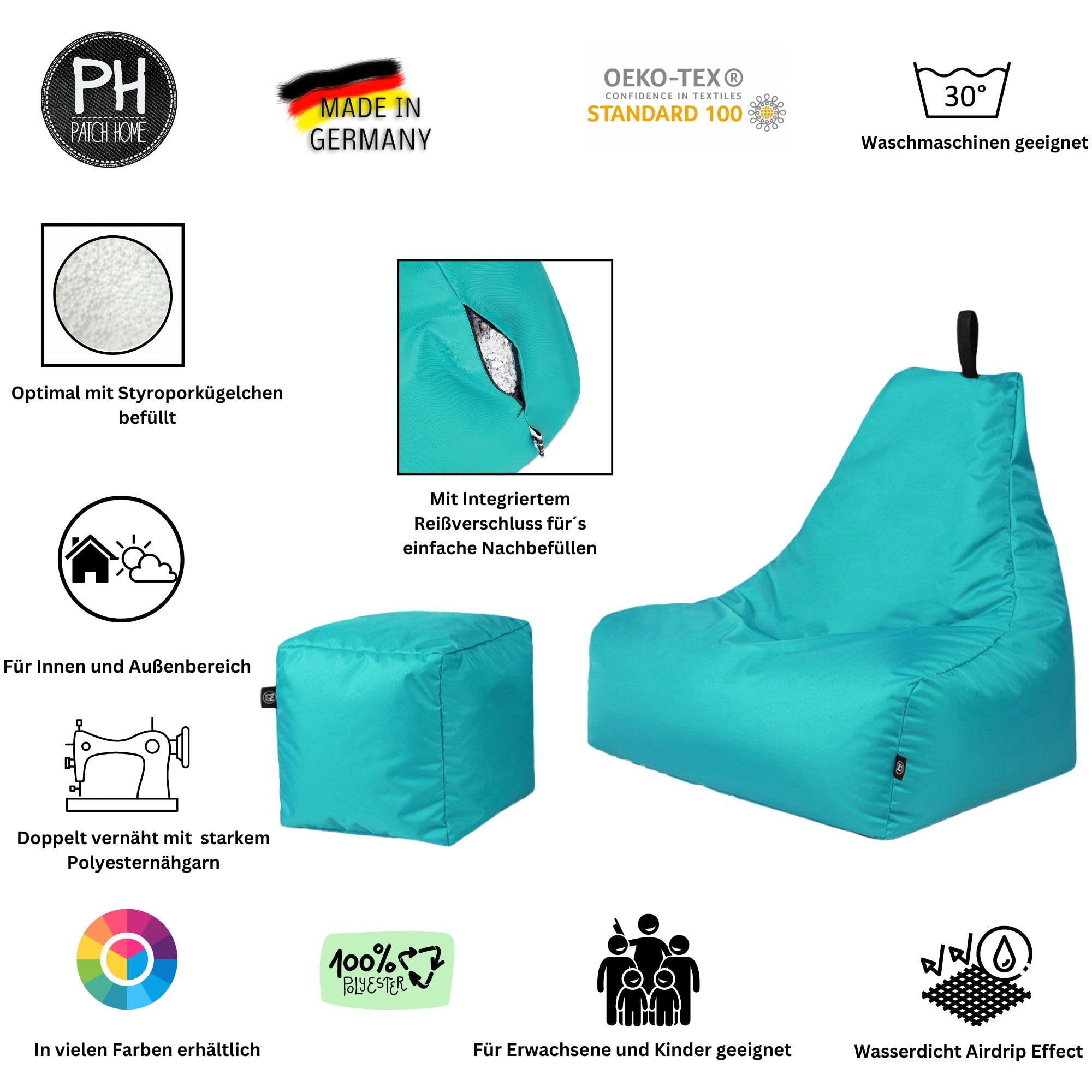 PATCH HOME Poltrona gamer con cubo Bean Bag Set 80 cm, altezza seduta 30 cm, altezza 90 cm + cubo 35 x 35 cm, colore verde