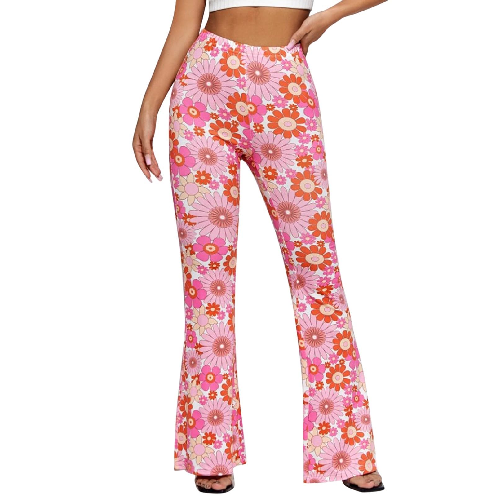 70S Flare Pants for Women Floral Print Flared Trousers Fancy Dress Costume Adult Rave Festival Outfits Wide Leg Leggings High Waist Hippie Bell Bottom Disco Costume Yoga Trousers Pink