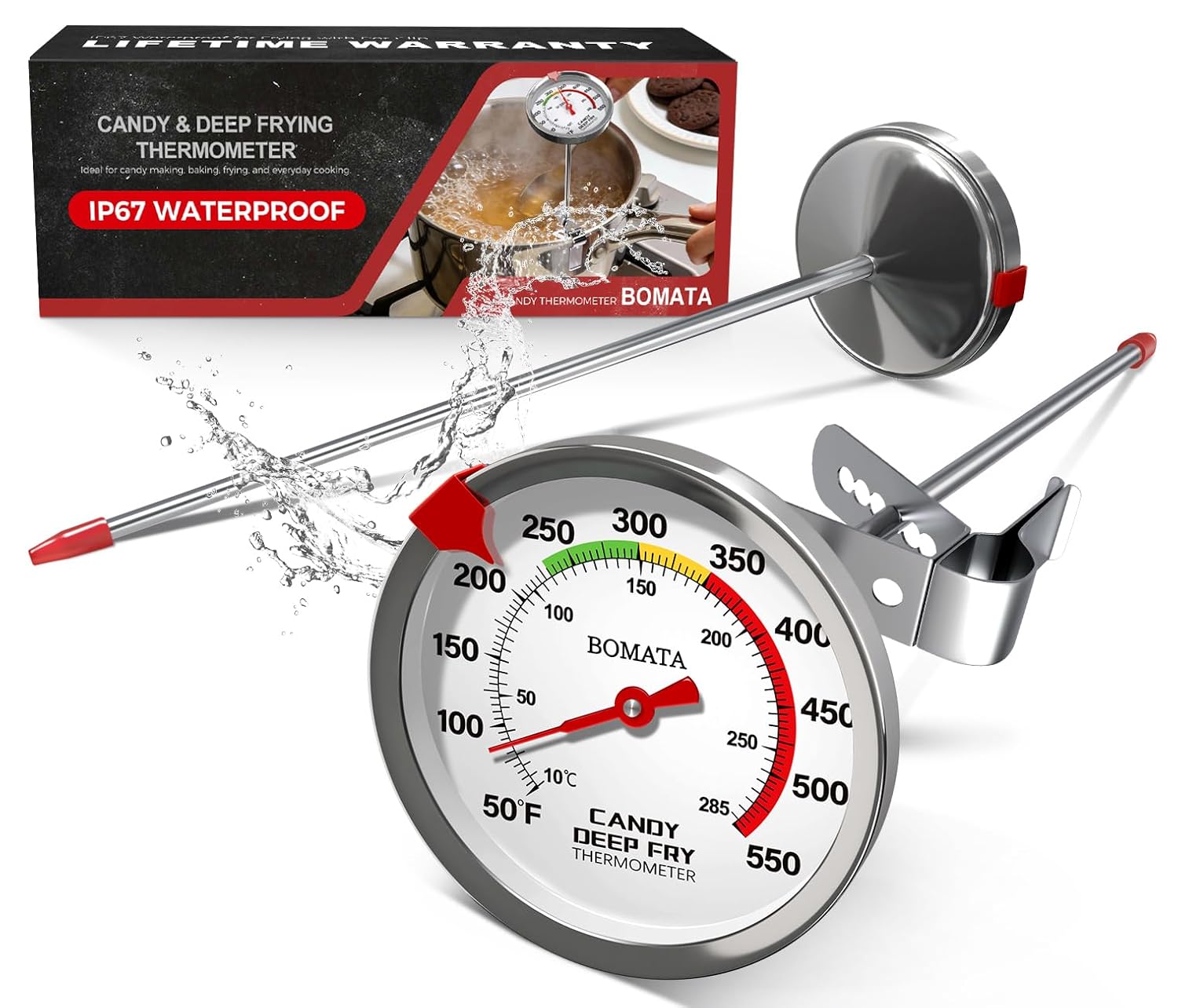 BOMATA 2-Pack Candy Thermometer with Pot Clip - IP67 Waterproof, 8in Probe, 2.5in Dial for Deep Fry Oil, BBQ, Candy Making