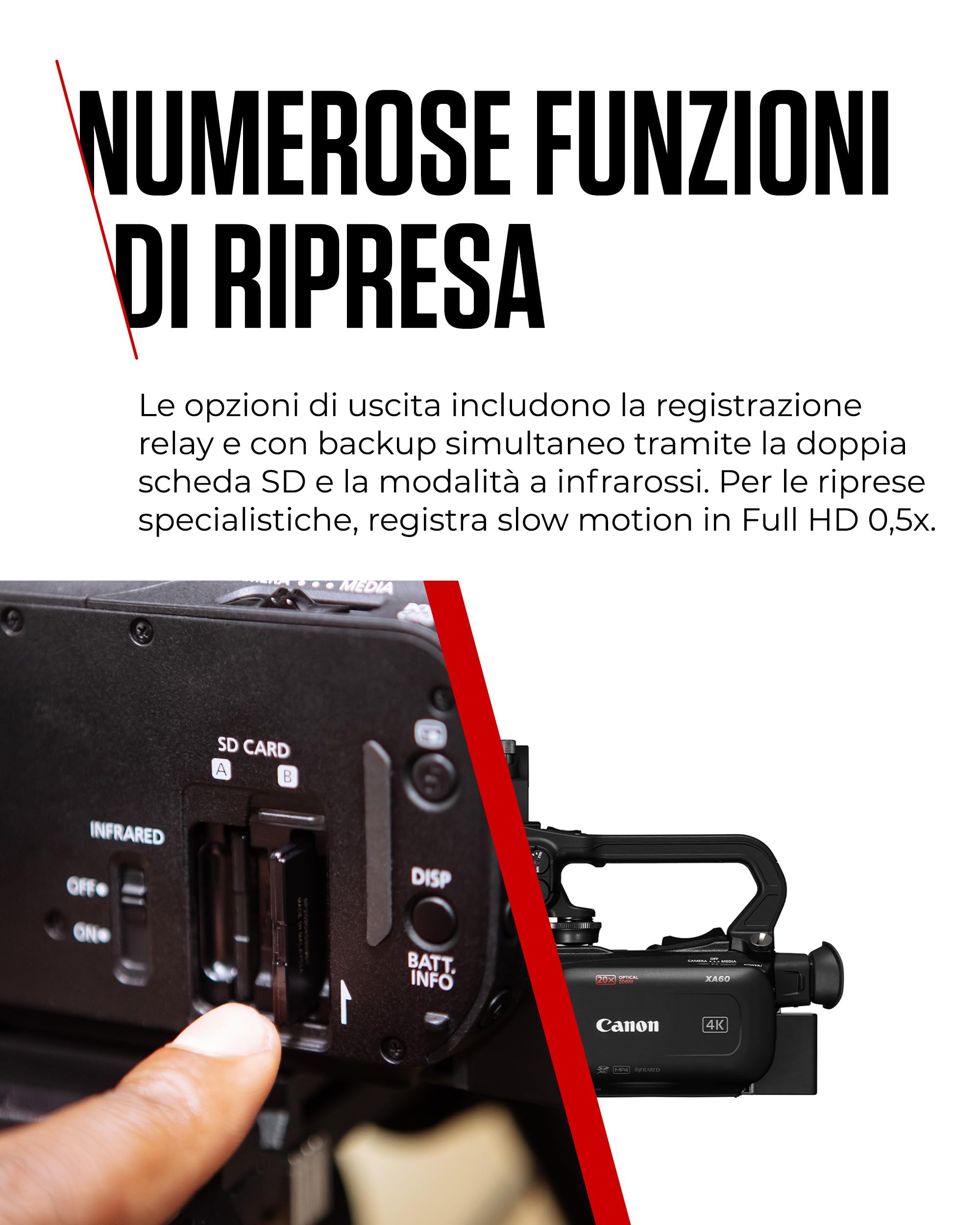 Canon XA60 - Videocamera 4K Professionale con Messa a Fuoco Automatica, Zoom Ottico 20x, Stabilizzazione a 5 Assi, Uscita HDMI e Streaming Live HD via USB-C
