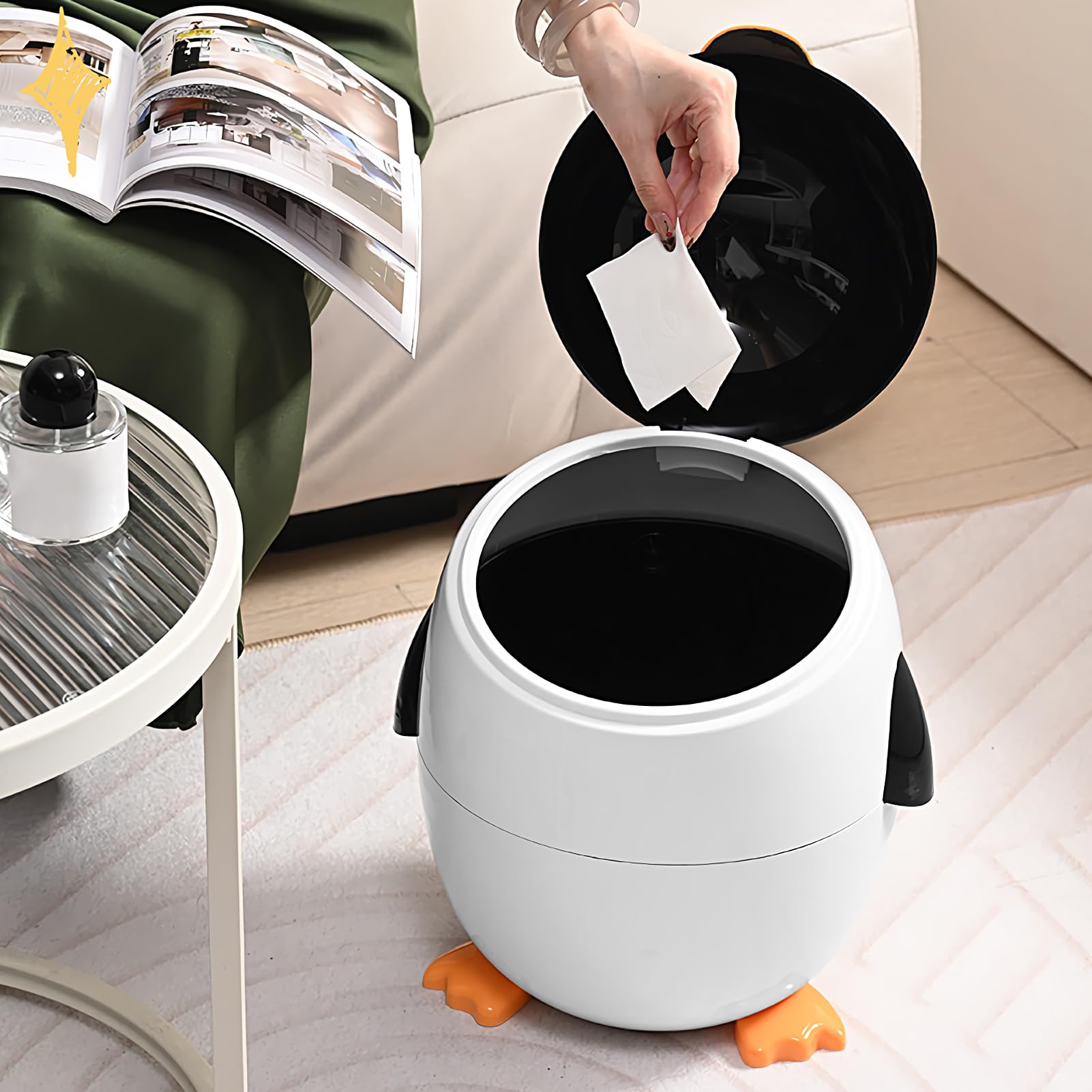 Penguin -Müll kann - süßer Tierabfallbehälter, kompakter Tischmüllbehälter | Dekorative Heimbüros Schreibtisch Mini -Mülleimer, pinguinförmiger Müllkorb mit Schwungdeckel für Schlafzimmer Küch