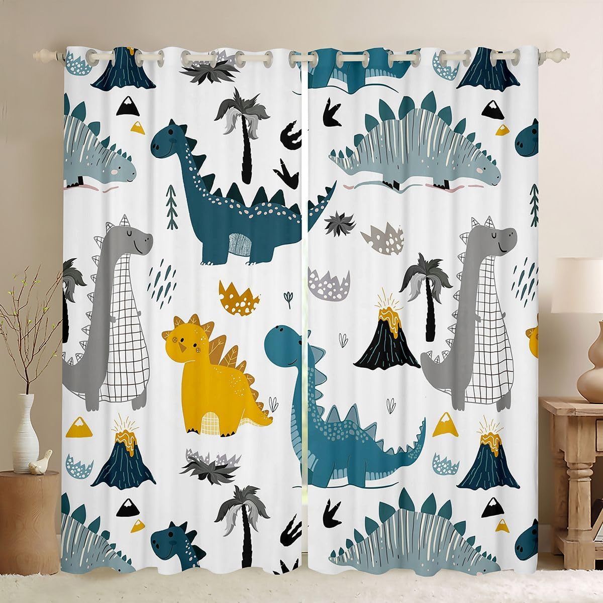 Feelyou Kids Dinosaur Cute Curtains for Bedroom 38W x 45L Cartoon Jungle Animal Boys Room Curtain Colorful Dino Graffiti Decor Window Drapes Geometric Window Treatment Adults 2 Panels