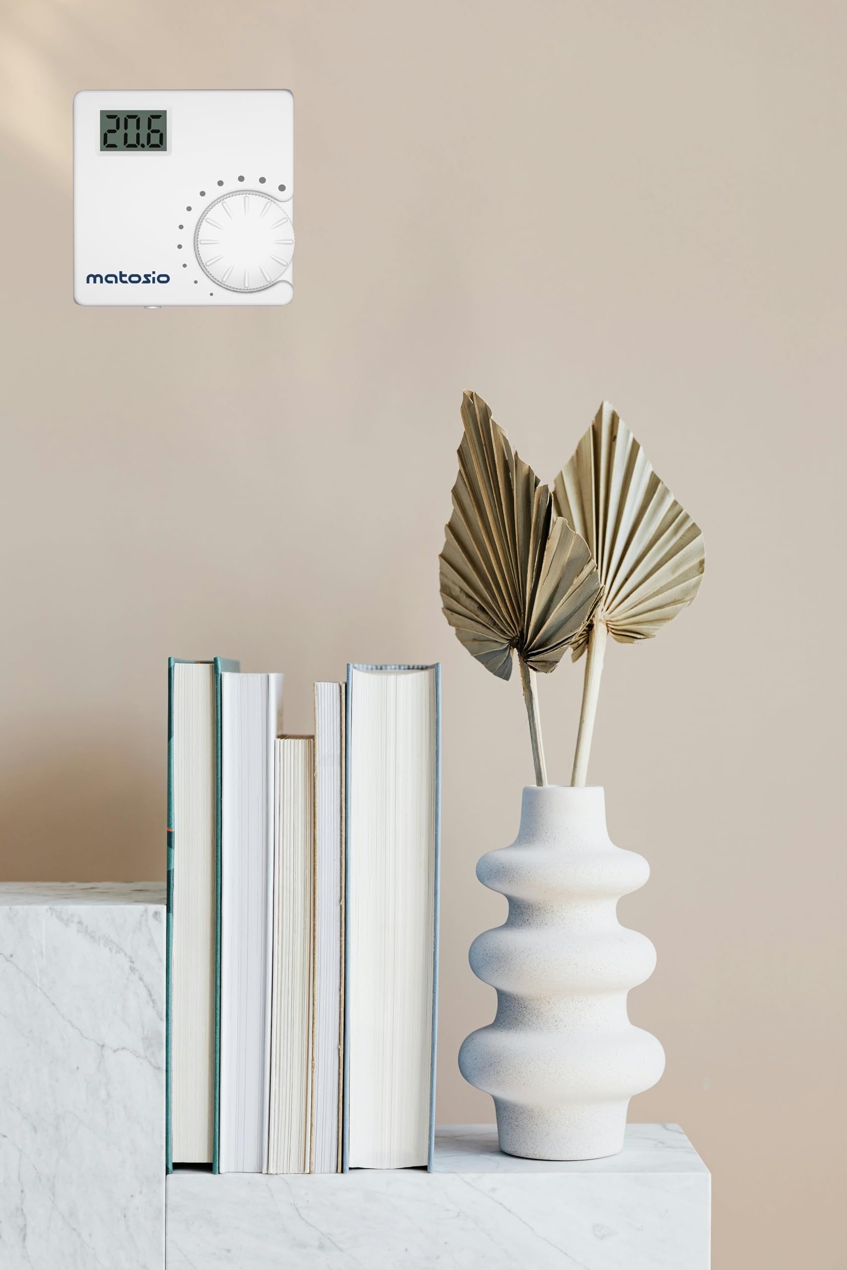 TH610 Thermostat de chaudiere sans Fil avec Récepteur, Réglage de la température avec molette, Montage Mural, Blanc