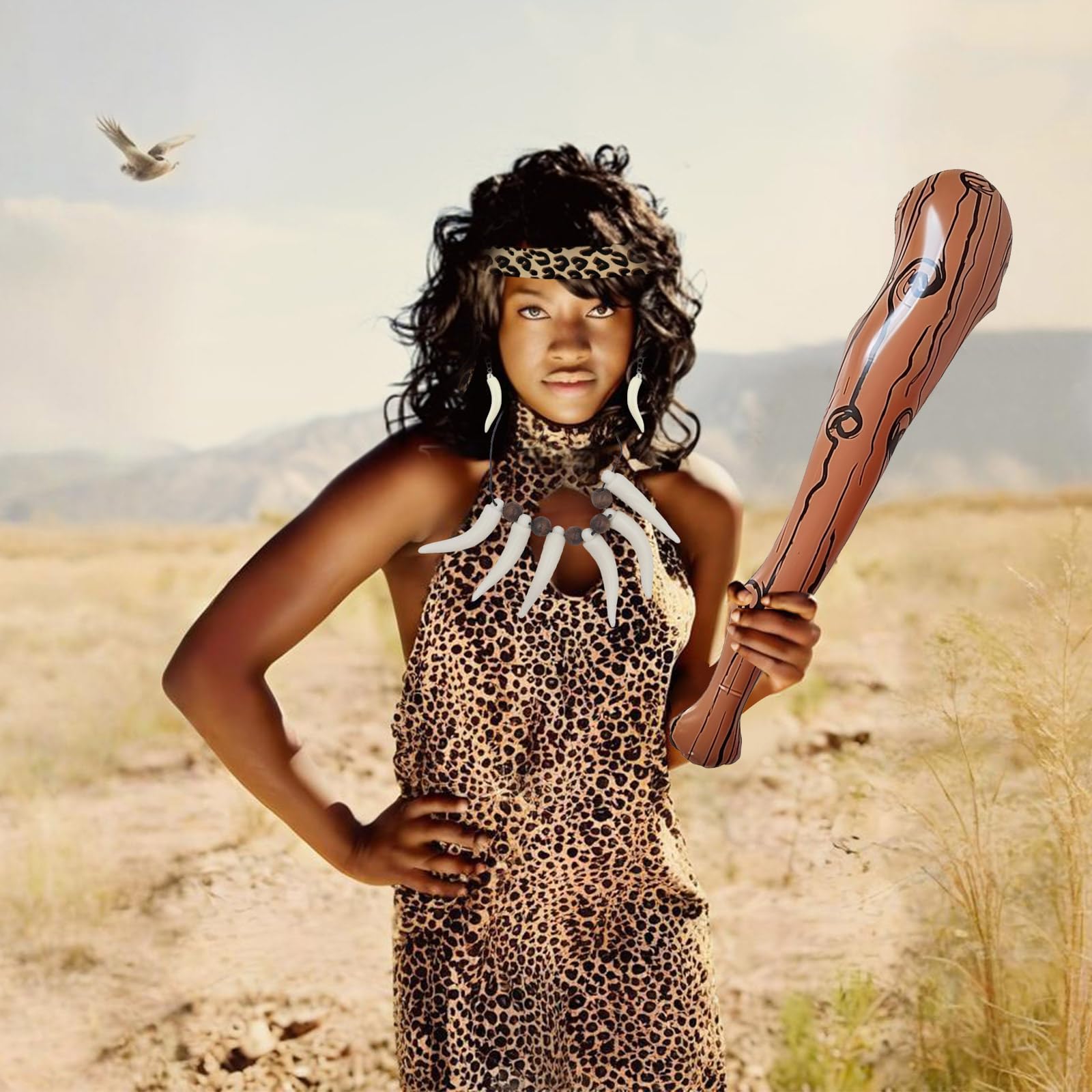 LIUQOBN 5 Pieces Wild Caveman Costumes, Include Inflatable Wooden Stick Leopard Print Scarf And Gloves Ivory Necklace And Earrings,Caveman Costume Accessories Adult For Halloween Costumes Stone Age - Image 4