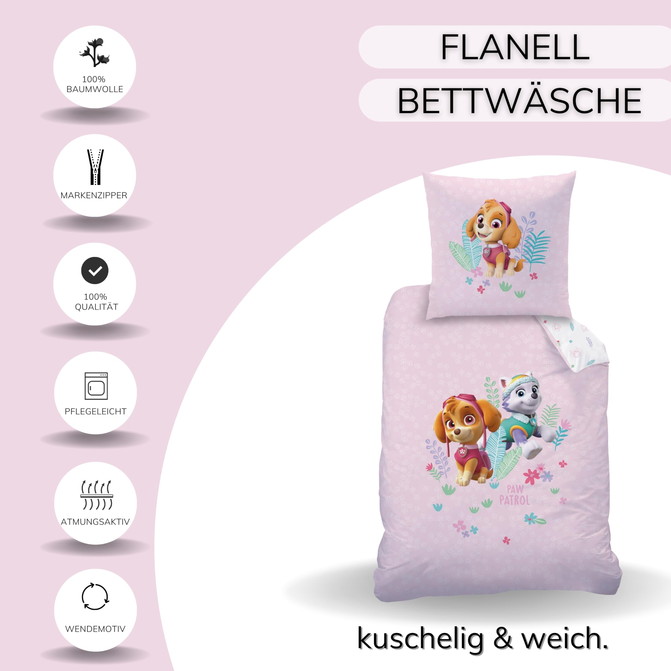 Bettwäsche 135x200 Flanell, Biber Paw Patrol Skye & Everest kuschelig weich für Herbst & Winter, 1x Kissenbezug 80x80 + Bettbezug 135x200, 100% Baumwolle, Mädchenbettwäsche