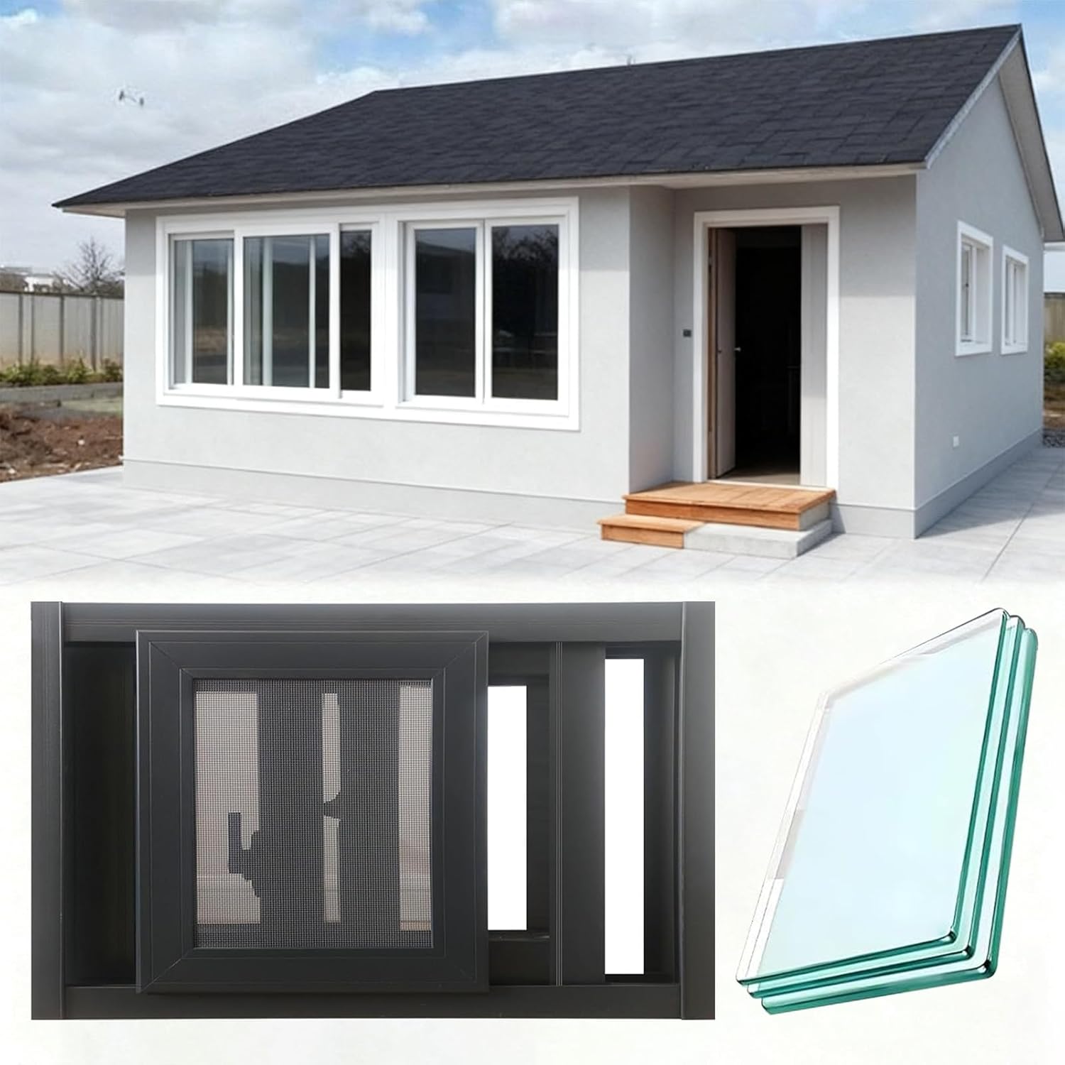 Flush Mount Horizontal Sliding Basement Window 41x13in / 104x33cm with Glass and Screen, Large 50 46 42 40 38 36 32 30 28 24 20 Inch Windows Replacement, Black