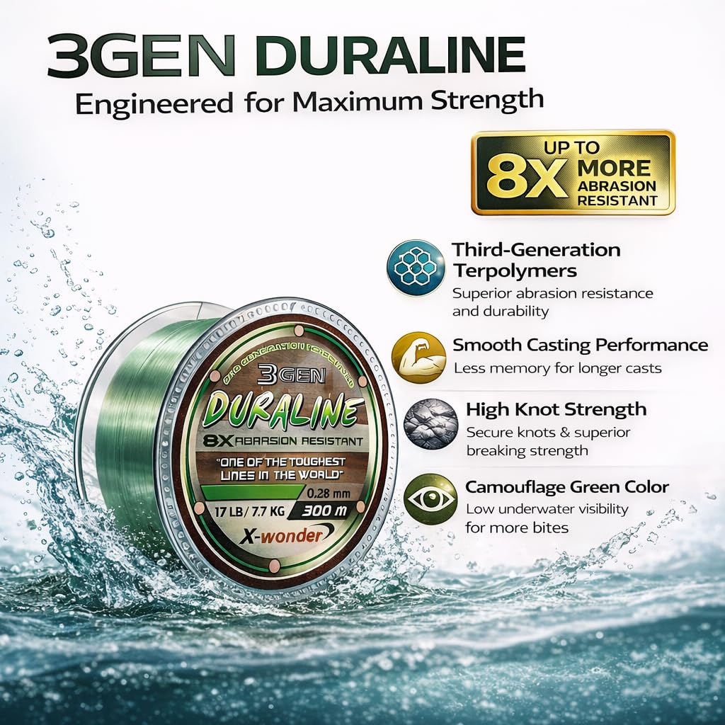 3GEN DURALINE Hilo de Pesca Monofilamento 300 m, Verde, Terpolímeros de 3ª Generación, Alta Resistencia a la Abrasión, Diámetros 0.25–0.50 mm