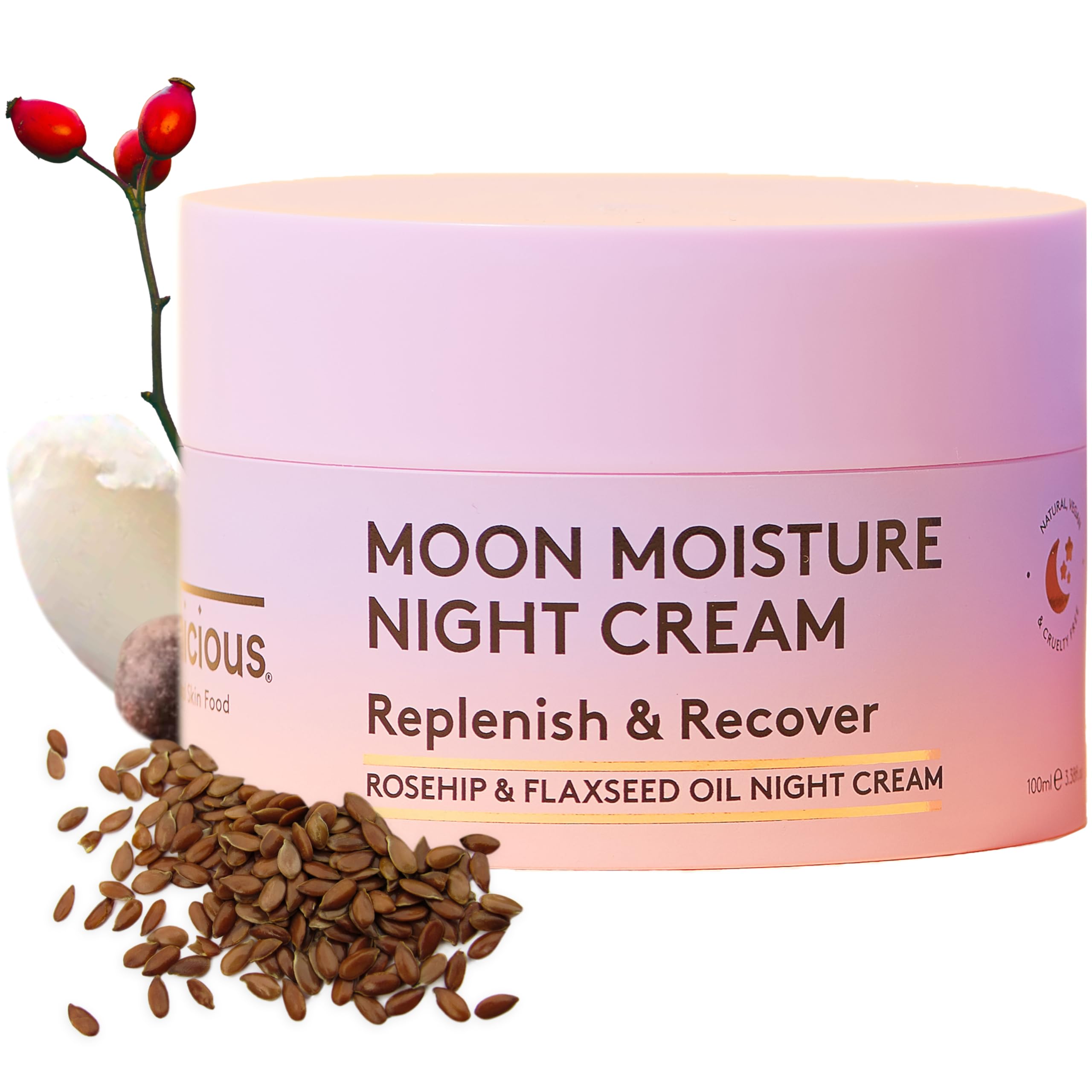 Delhicious Moon Moisture Night Cream, Hydrating Overnight Face Cream with Rosehip & Flaxseed Oil, Anti-Ageing & Brightening