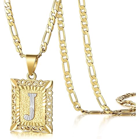 KissYan Initial Letter Pendant Necklace for Mens Womens, 14K Gold Plated Square Capital Monogram Necklaces Alhpabets from A-Z Figaro Chain Jewelry Gift