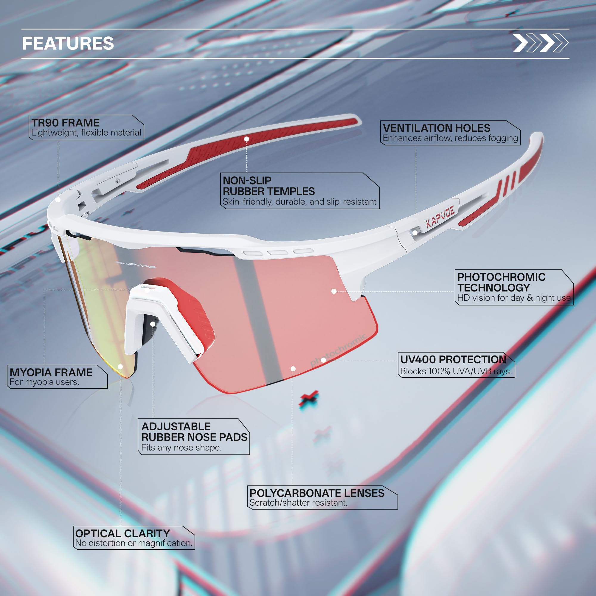 KAPVOE Photochromique Lunette Vélo Protection UV400 Lunette de Cyclisme VTT Sport Homme Femme K75