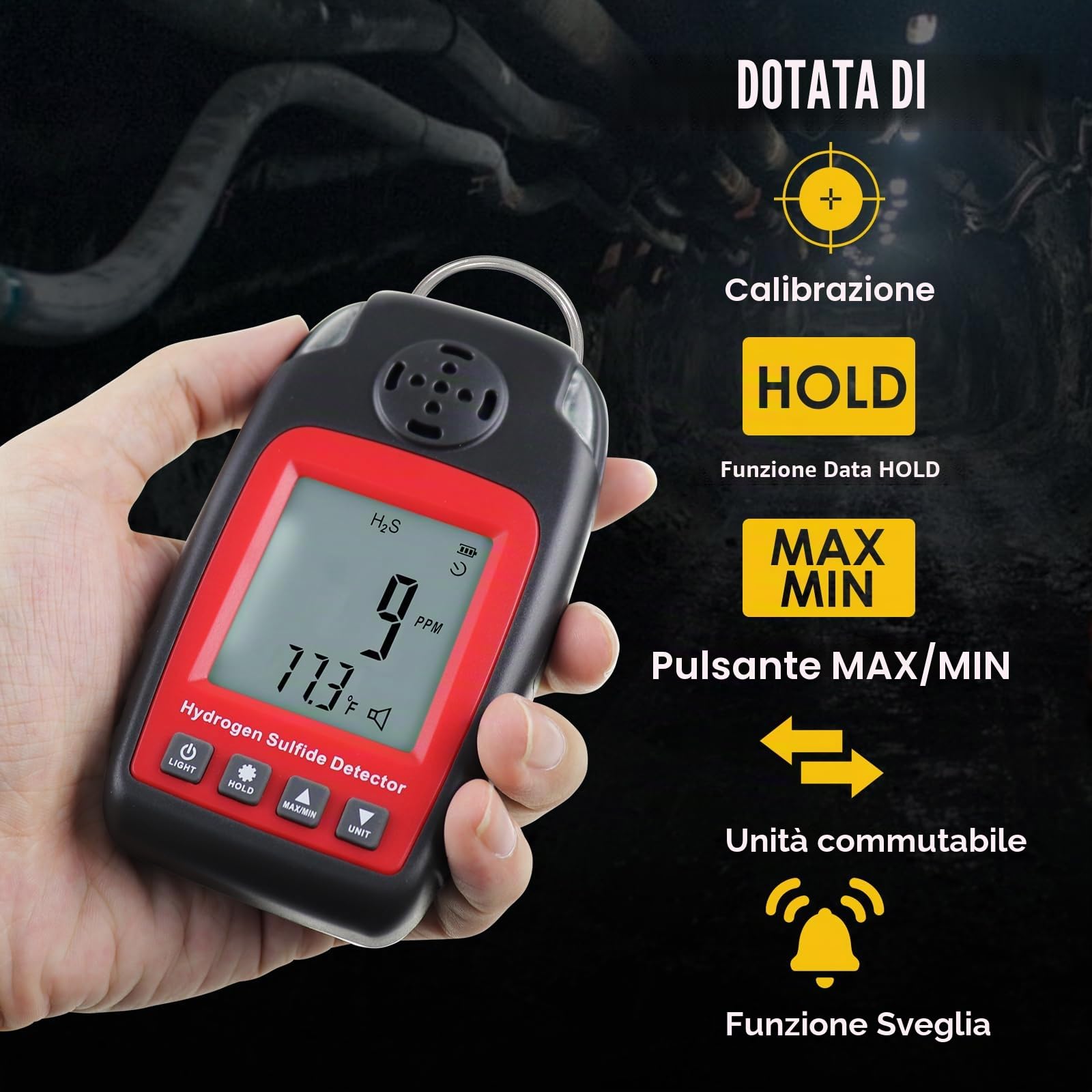 Rilevatore di acido solfidrico Rilevatori di gas e allarmi Elettrochimici H2S H₂S Monitor Misuratore Sensore di avvelenamento Allarme Schermo LCD Retroilluminazione