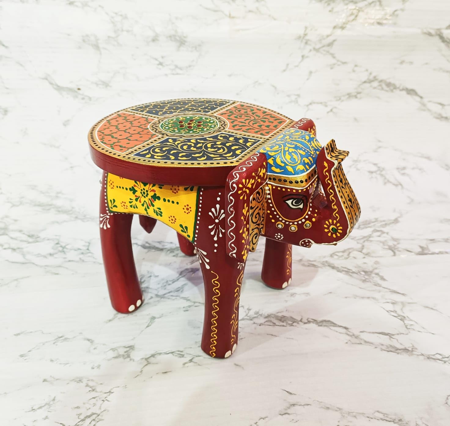 Wooden Handpainted Red Elephant Stool - 8 Inches | Handcrafted, Wood, Multicolour Floral Art, Decorative Stool, Indian Folk Art, Home Decor Accent-image-12