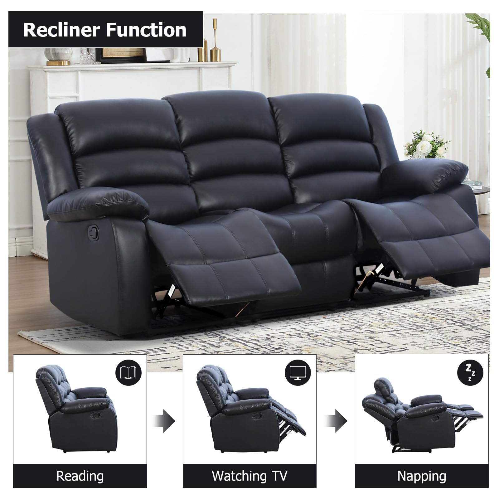 EBELLO Manual Recliner Sofa Set, Faux Leather Reclining Couch Furniture Set for Living Room, Includes 1 Recliner Chair and 2 3-Seater Reclining Couch for Home Theater and Office, Black view 4