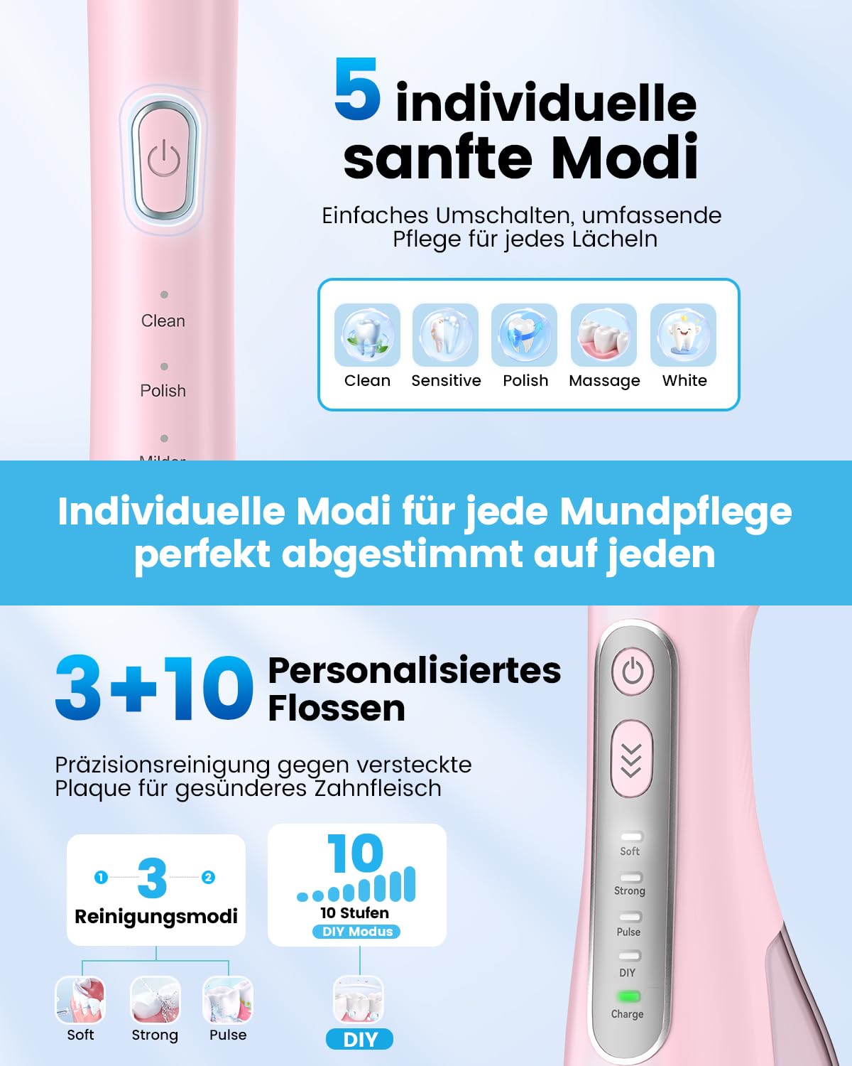 JTF Spazzolino elettrico e idropulsore 2 in 1, set per la cura dei denti – Spazzolino sonico 5 modalità e idropulsore 3+ modalità fai da te, 5 ugelli + 6 testine per spazzola, apparecchi dentali e