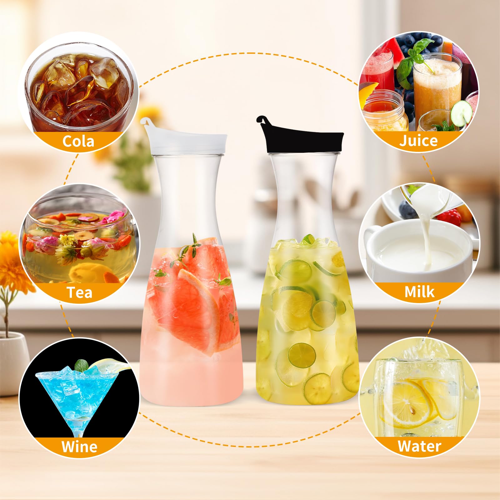 Brocche per succhi con coperchio ribaltabile 1L Caraffe D'Acqua nel Plastica da 4 Pezzi - Caraffa per Limonata per Acqua, Caffè, Birra, Tè Freddo e Succo Fatti