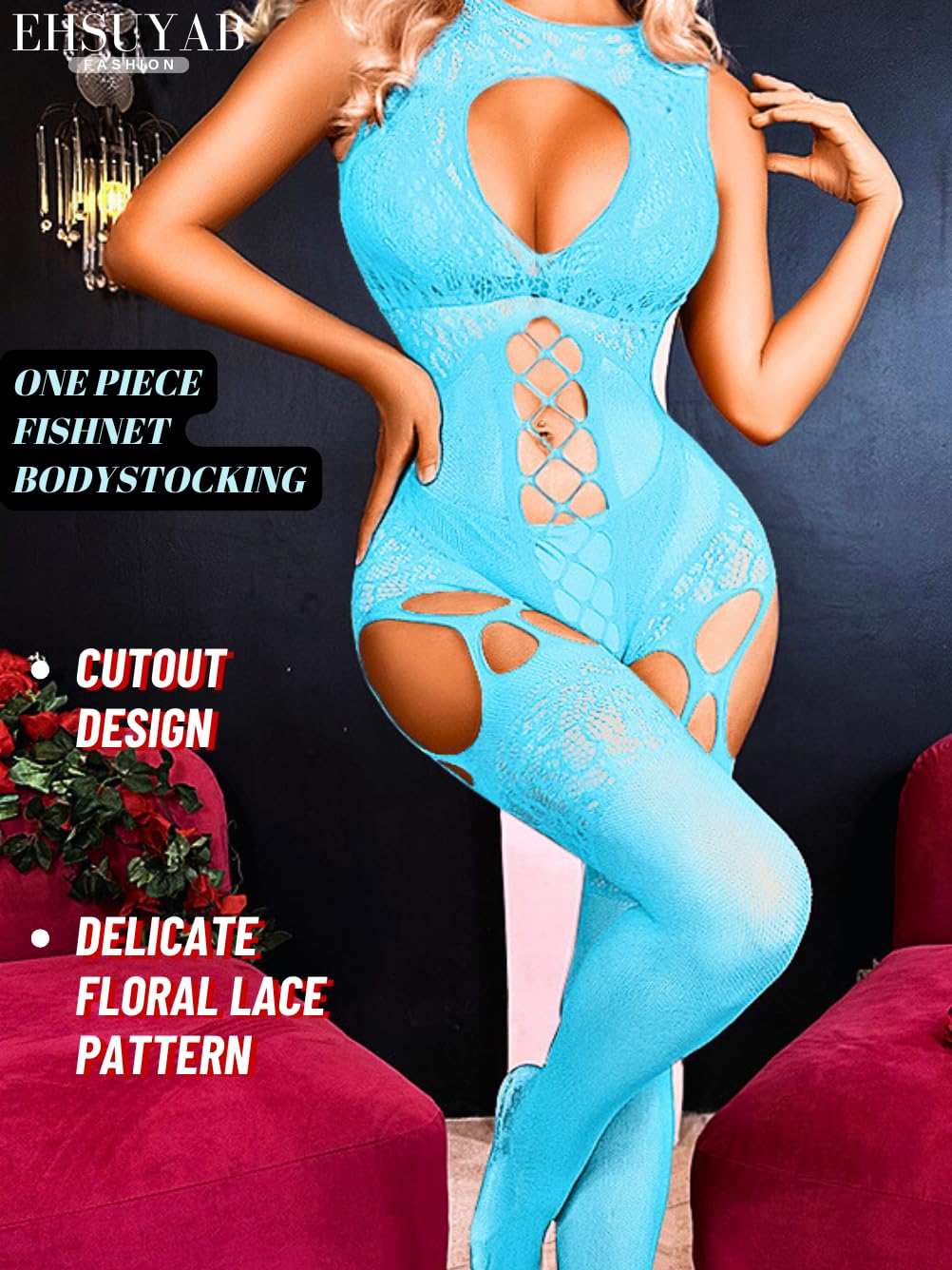 EHSUYAB Women Body Stockings Sexy, Exotic Dancer Fishnets Lingerie Glow Party, Fishnet Bodysuit Rave Outfits Club Plus Size: Light Blue
