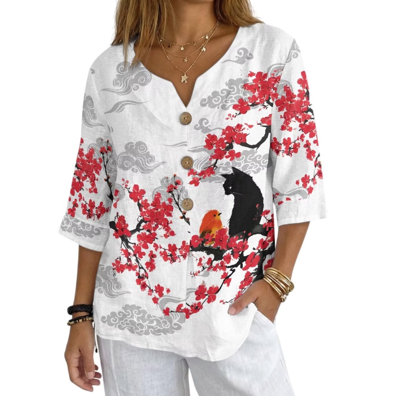 Women's V-Neck Tunic Top, Casual Polyester Linen Blouse with Decorative Buttons, Loose Fit Easy Care Everyday Wear