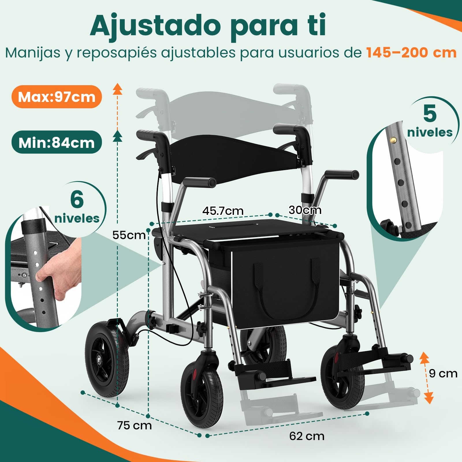 Andador con asiento, 2 en 1 de 4 ruedas y Silla de transporte, Soporta hasta 136 kg, Ruedas TPU de 8"" delanteras y 10"" traseras, Doble freno, Plegable, Altura ajustable, Bolsa almacenamiento, Gris