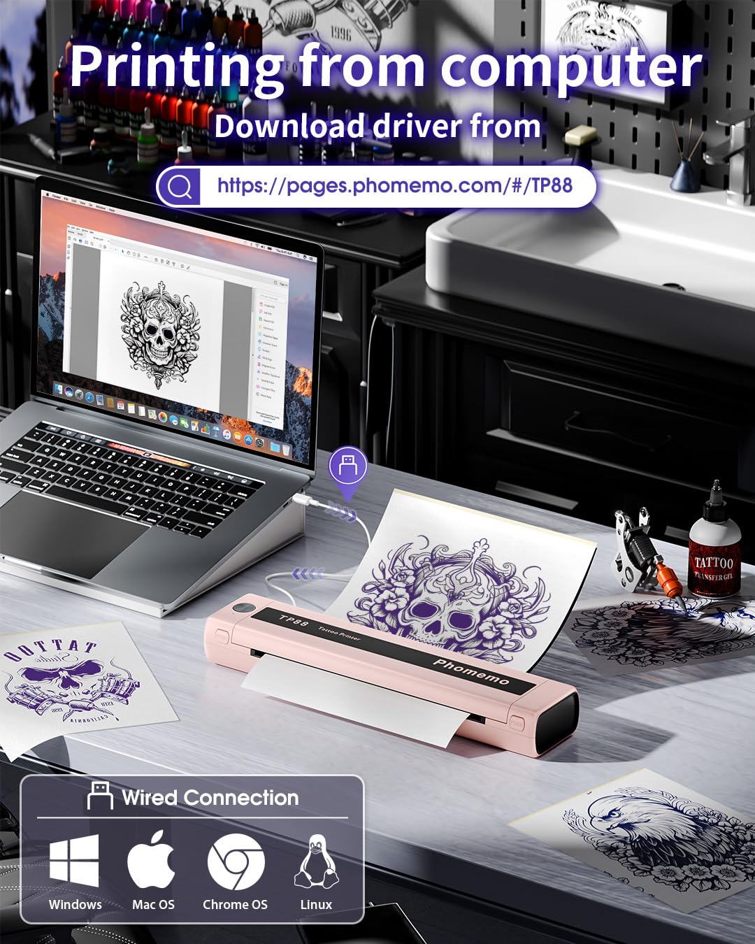 Phomemo Impresora de Tatuajes TP88 Impresora Térmica Tatuaje con 10 Plantillas A4 Papel de Transferencia de Papel de Transferencia Bluetooth Portátil Compatible con Smartphones, Tabletas y PC