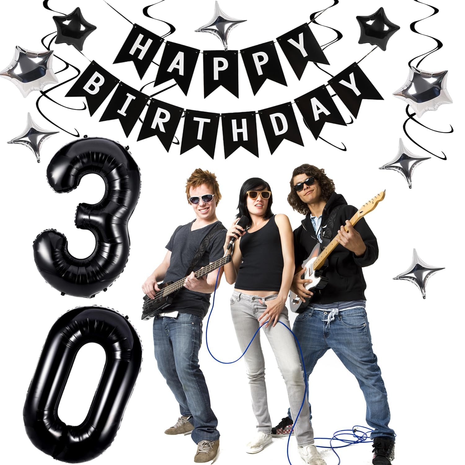 Miidenks 30th Birthday Decorations for Men Women, Black White and Silver Happy 30 Party Decor Set with 30 Number Foil Balloons, Banner, Cake Topper for Him Her