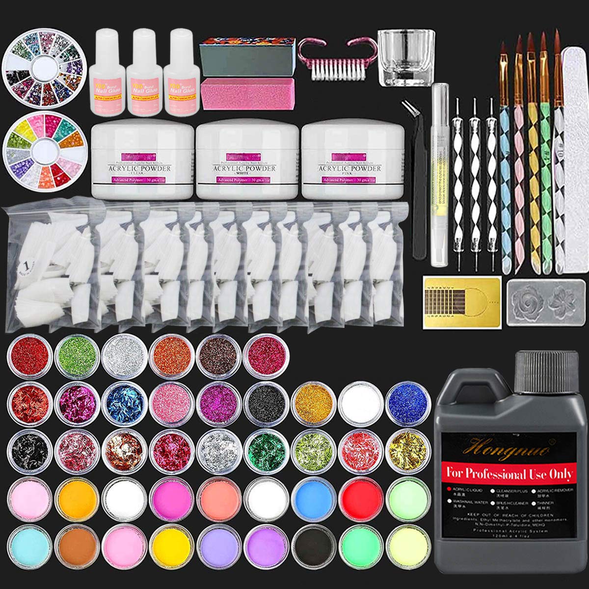 BILINIS Full 42 Acrylic Powder 120ml Liquid Nail Form Glitter File Glue Brush Rhinestone Clipper French Tips Nail Art Set Starter Kit