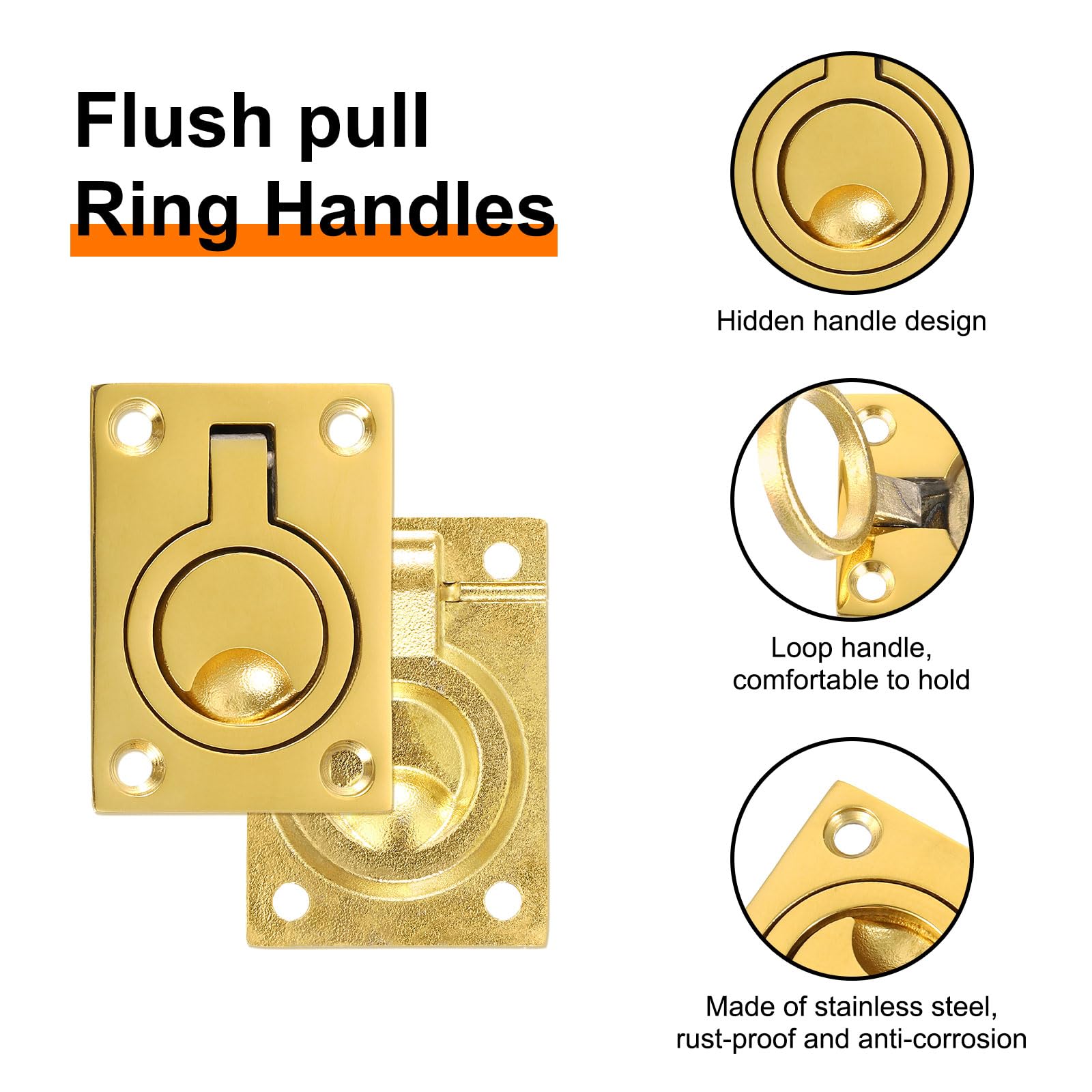 sourcing map 4 Stück bündiger Ringzug, 6,3 x 4,4 cm, Edelstahl, rechteckig, versenkte Türgriffe mit Schrauben für Möbel, Boot, Messington