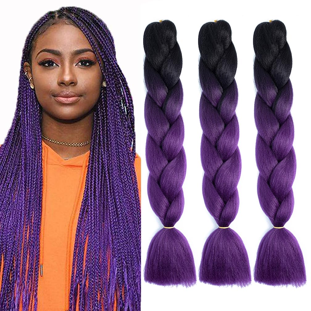 Braiding Hair Ombre Black to Deep Purple Braid Hair Extensions Hot Water Setting High Temperature Synthetic Fiber 24 Inches(B25-3Pack)