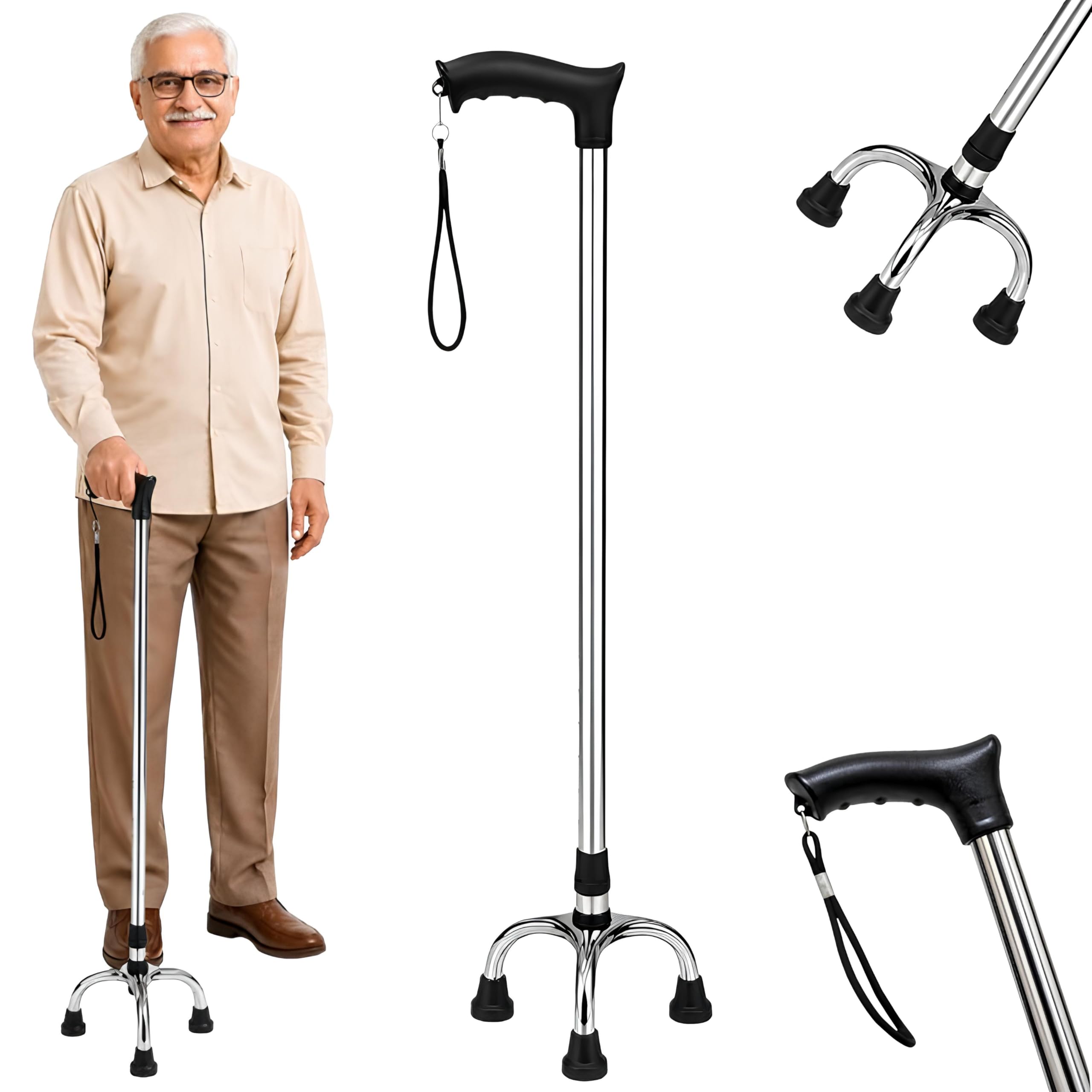 4 Leg Strong Walking Stick for Old People Adjustable Height Heavy Duty Portable Ideal for Senior Citizen,Old,Light Weight Medical Walking ! Made by High Mild and Steel (Black)-picture-21