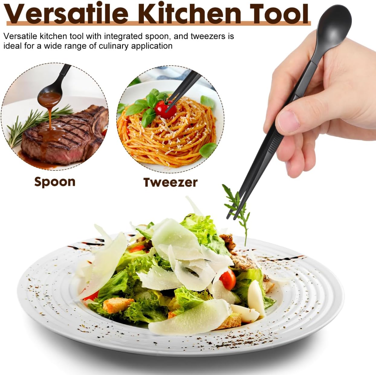 Tasting Spoon with Tweezer for Kitchen Cooking, 2 in 1 Stainless Steel Chef Spoon Serving Tongs, Professional Chef Tool for Cooking Plating Buffet Banquet Barbecue Grilling Appetizer, Black