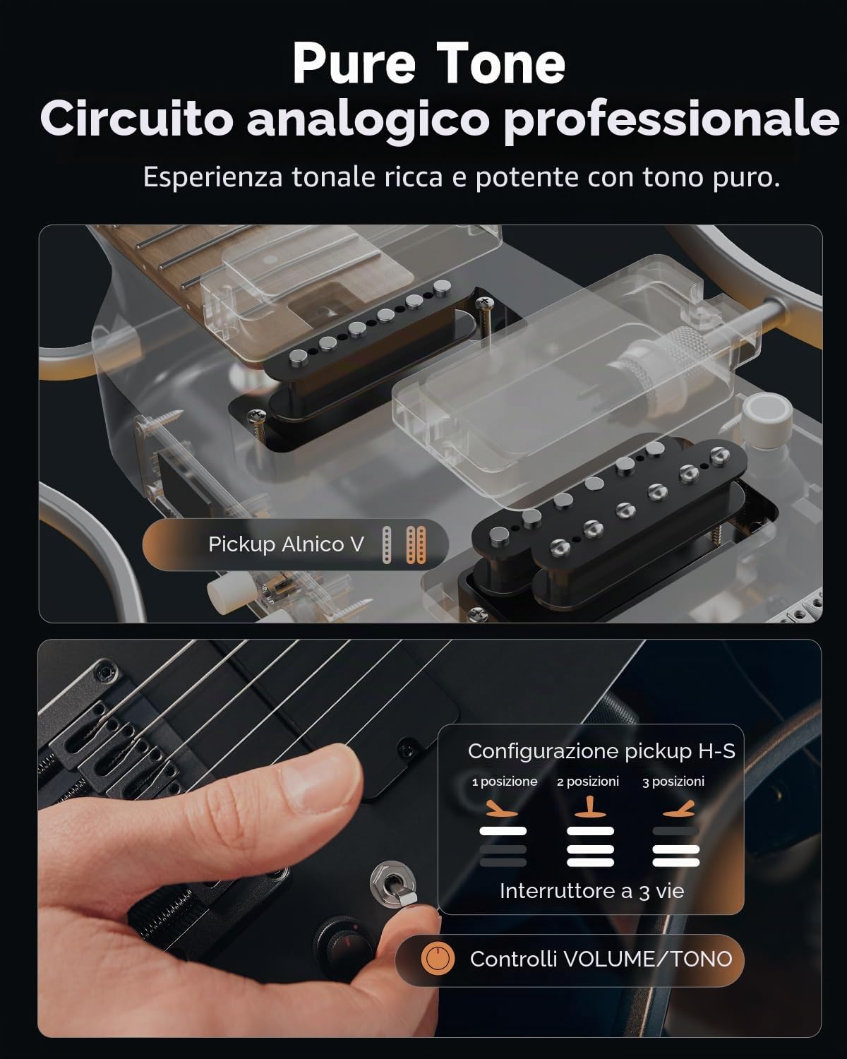 Donner HUSH X PRO Kit Chitarra Elettrica – Chitarra da viaggio intelligente con dozzine di combinazioni preimpostate, 7 opzioni di simulazione del tono, Nero