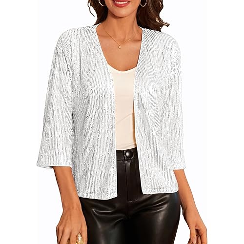 GRACE KARIN 2024 Women's 3/4 Sleeve Sequin Jackets Open Front Sequin Cardigan Sweaters Blazer S-2XL