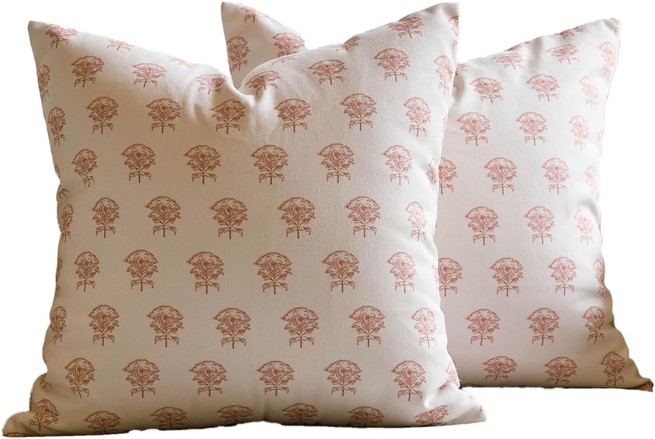 Amor Virisso Set of 2 Floral Throw Pillow Covers 18x18 Inch, Vintage Decorative Block Print Pillow Covers Neutral Accent Farmhouse Pillows Home Decor for Sofa Couch Bed, Orange - Image 8