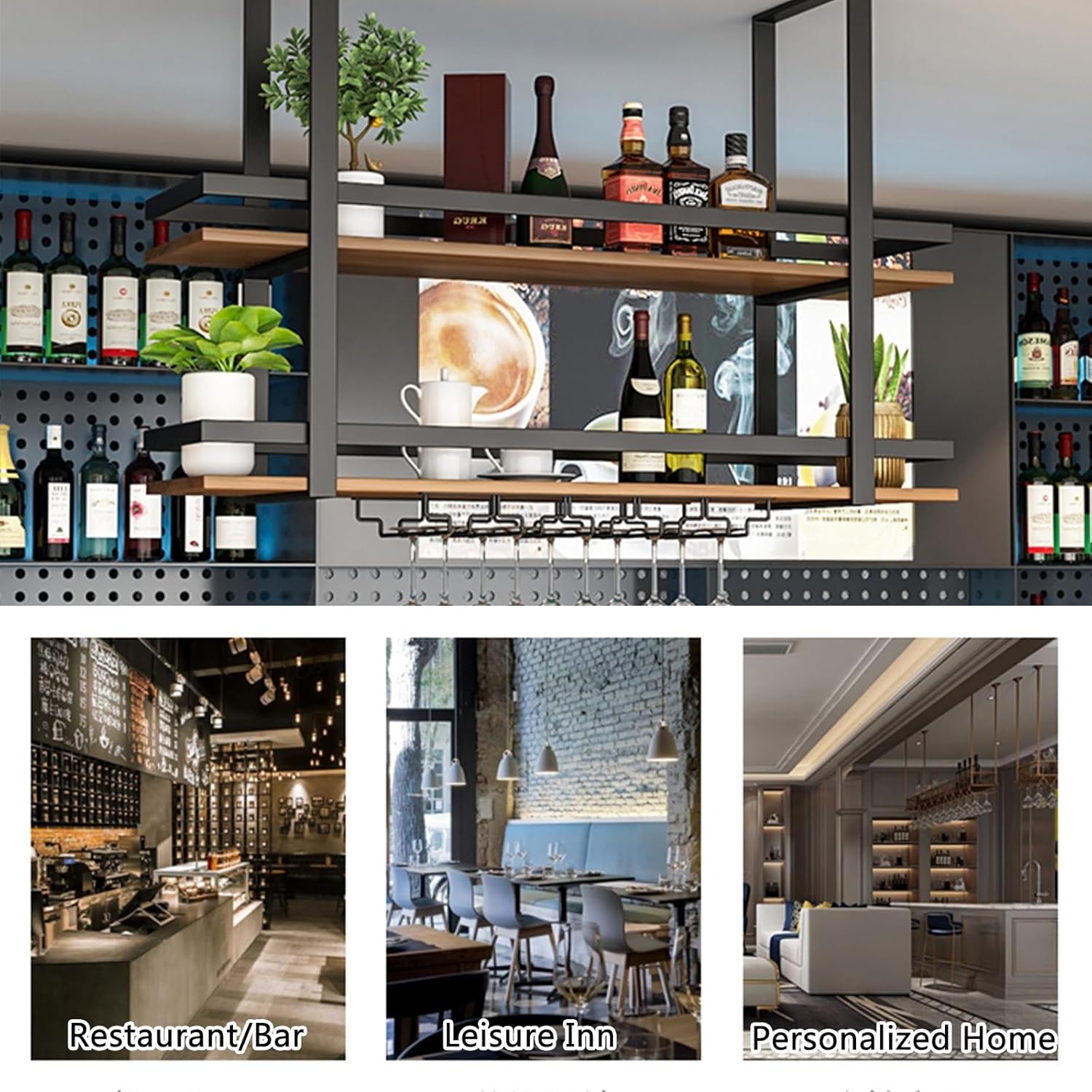 Multifunctional Metal Hanging Shelf2Tier Ceiling Wine Rack with Glass Holder & Guardrail for Bars & Restaurants (100cm/39.4in) SpaceSaving Storage Solution