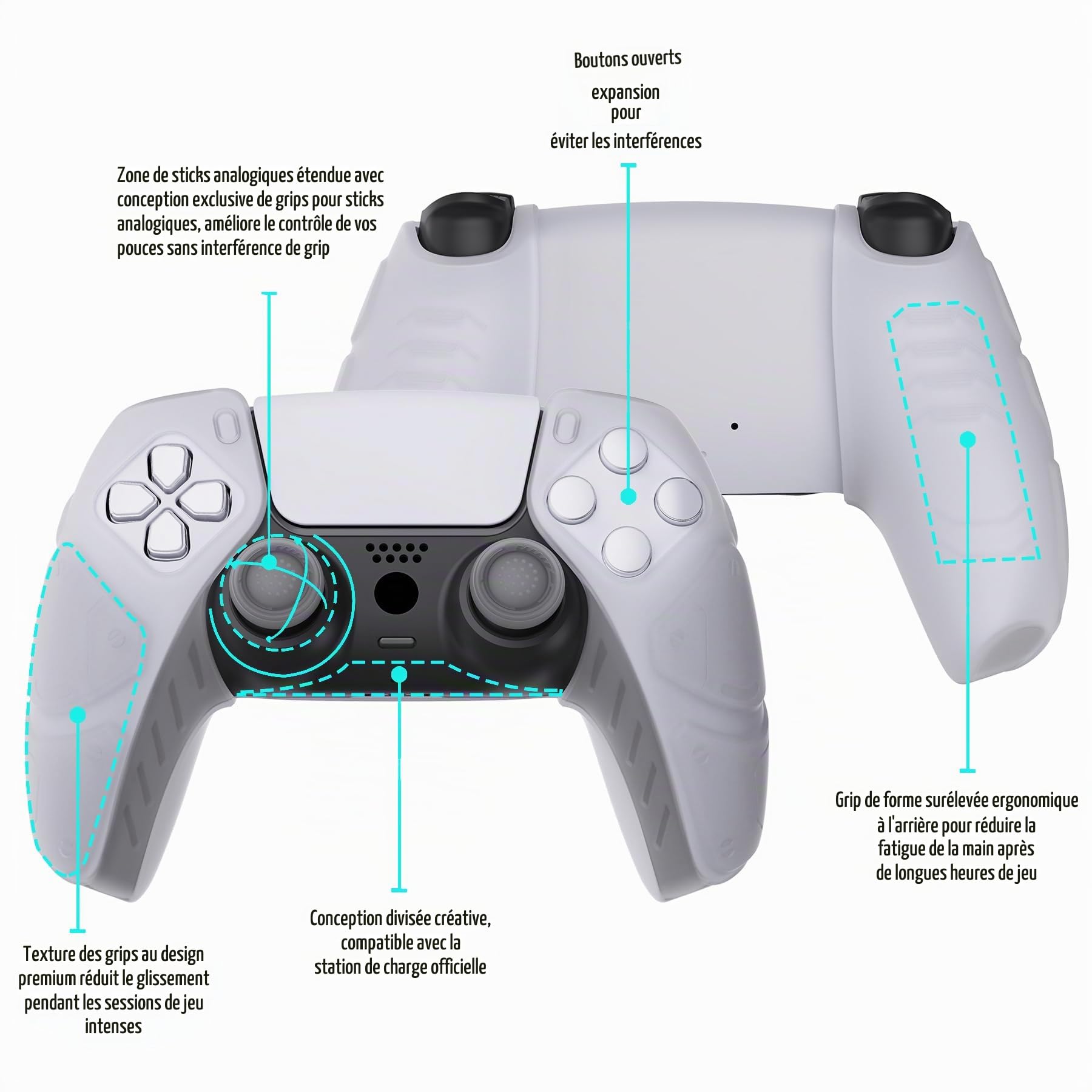 PlayVital Protection pour ps5 Coque Manette,Housse Silicone avec Capuchon pour ps5 Grips Joystick Controller Cover Skin Compatible avec Station de Charge,Édition Méca-Blanc Transparent